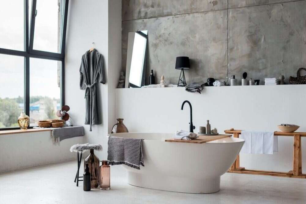 Stylish bathroom interior, stylish furniture, plumbing and accessories